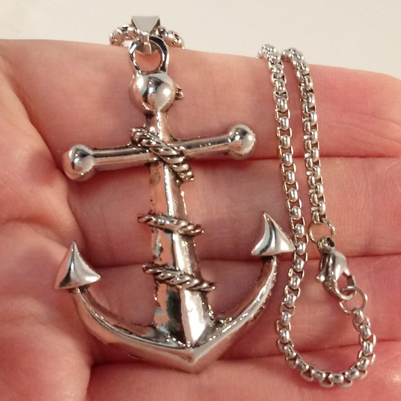 Mens Silver Stainless Steel Boat Anchor Rope Pendant Rolo Chain Necklace Gift - Picture 4 of 6
